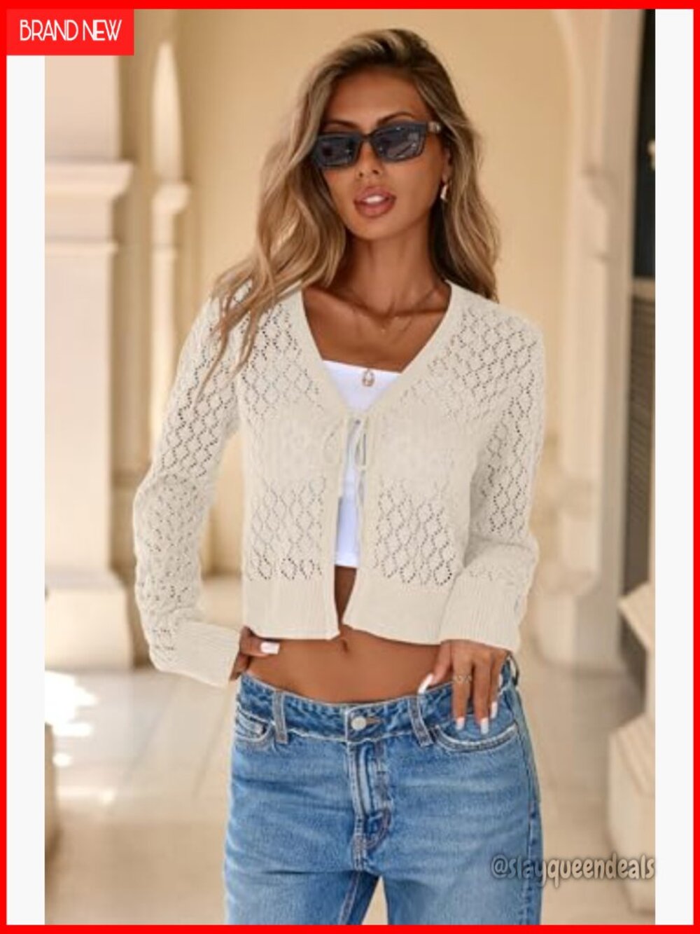 Crochet Tie Front Shrug Cardigan Long Sleeve Knit Crop Top - Picture 2 of 7